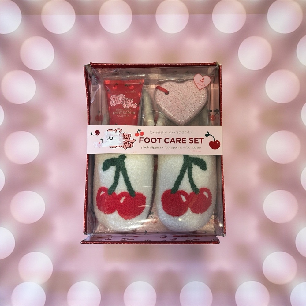 Beauty Concepts Cherry Bomb Foot Care Set - 9-9.5 slippers,sponge & foot scrub
